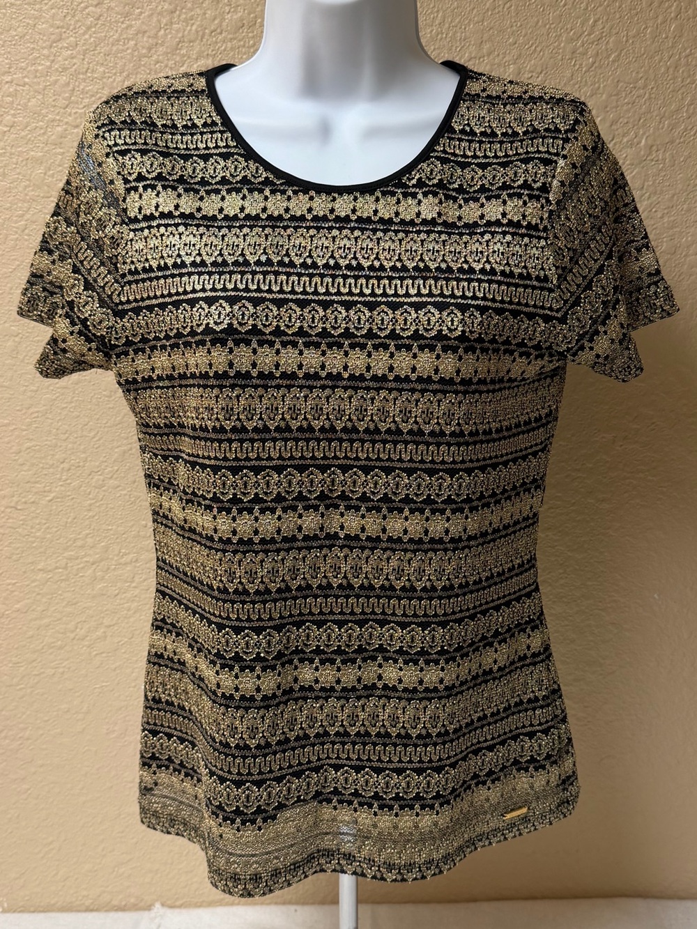 4/$20 Calvin Klein Black and Gold Short Sleeve Knit Top